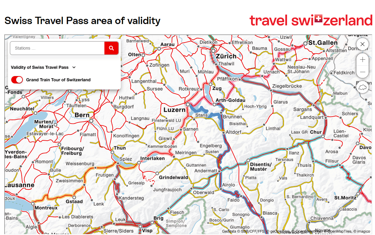 Karte mit Grand Train Tour und Direktverbindungen aus Europa